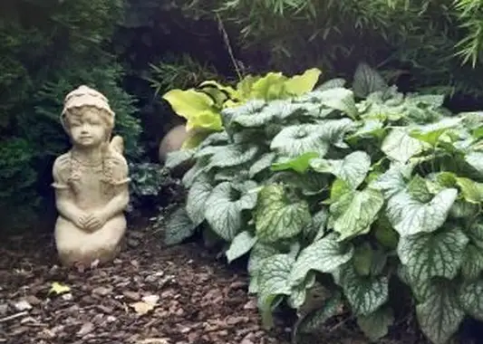 Estátua por plantas no jardim