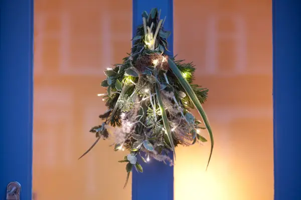 Christmas light decoration on front door