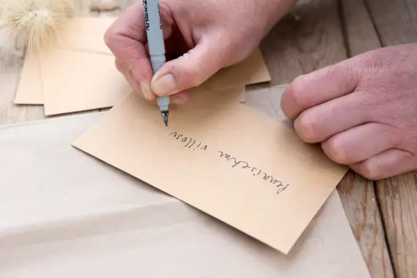 Labelling the envelope with details of the seed.