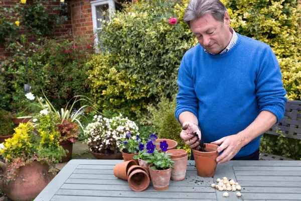 Adding compost to the pots