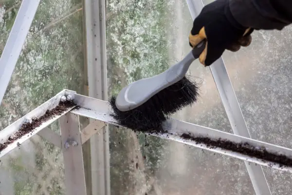 Brush dirt away from the greenhouse frame