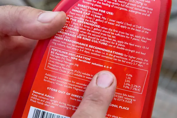 Back of a fertilizer bottle, showing its NPK ratio