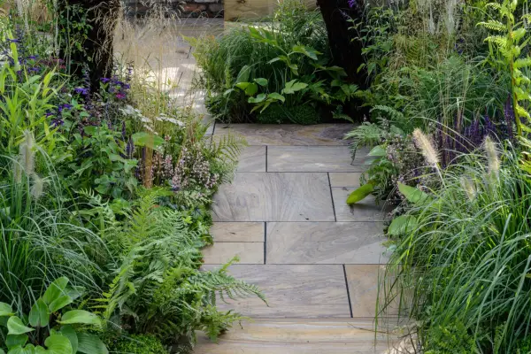 Wood tiled path lined with narrow borders