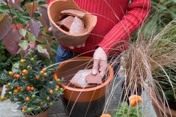 Winter pot display - adding crocks
