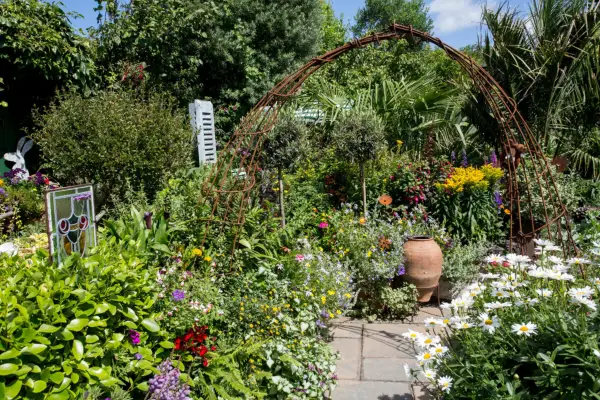Driftwood: the rear garden is packed with colourful plants and rusted metal sculptures