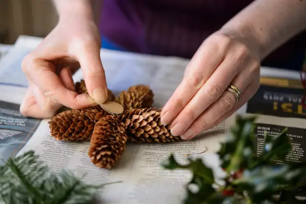 Gluing the pine cones together