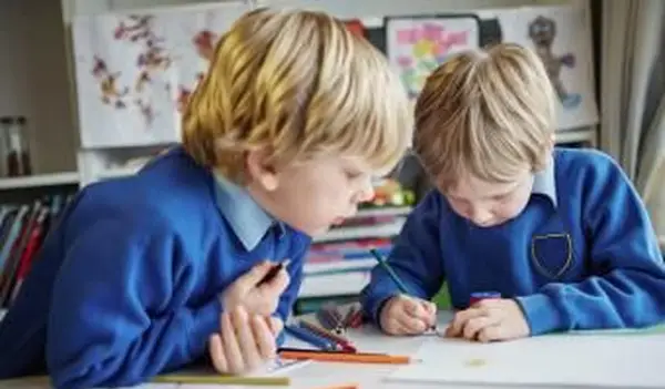 Zwei Schulkinder arbeiten zusammen