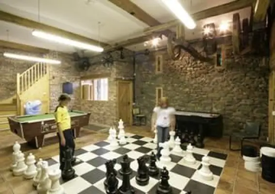 חדר משחקים עם מערכת שחמט ענקית
