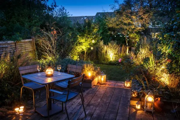 Garden lit by lanterns