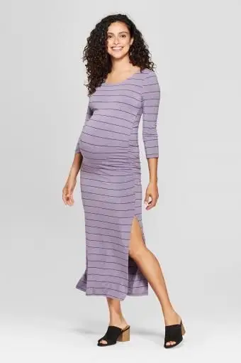 マタニティ3/4スリーブストライプシャーリングマキシドレス