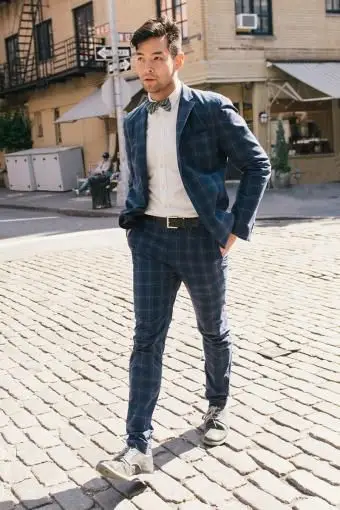 Calça e paletó xadrez azul