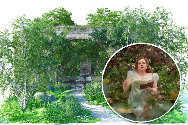 The Bridgerton Garden will be on display at the 2024 Chelsea Flower Show. Image: RHS Inset: Liam Daniel/Netflix © 2024