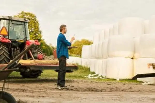 Muž analyzuje zakryté balíky sena