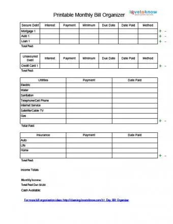 Organizador de fatura mensal para impressão