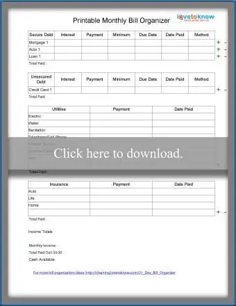 Organisateur de factures mensuelles imprimable