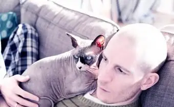 Homem com seu gato esfinge carinhoso