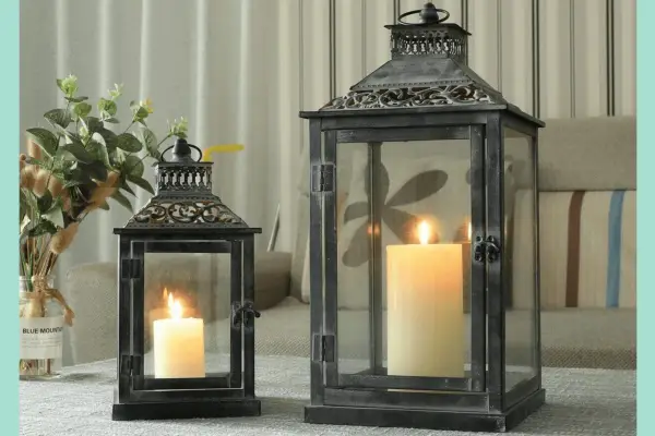 JHY Design Set of 2 Black with Grey Brush Decorative Lanterns - Verdantvows
