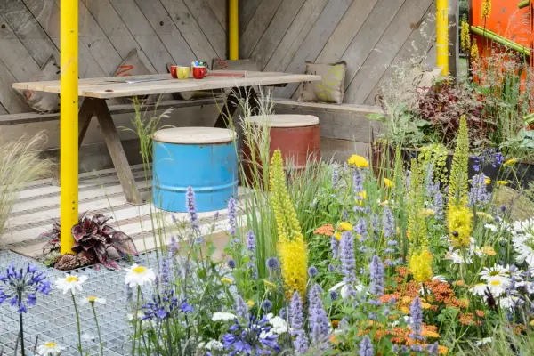 Metal garden seating painted oil drums
