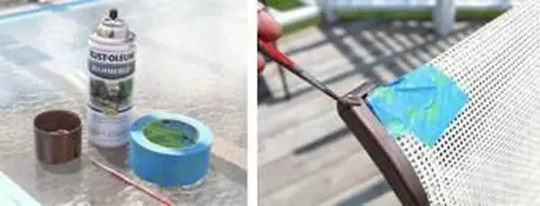 Usando una piccola spazzola per ritoccare i mobili da giardino in metallo