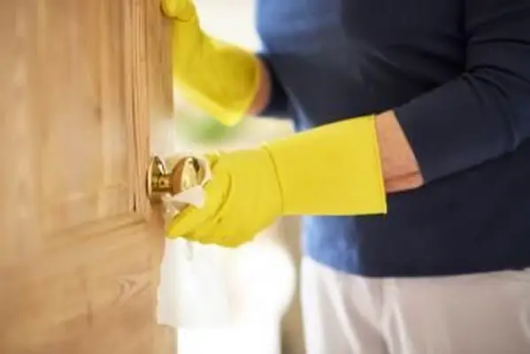 ドアノブを拭く成熟した女性