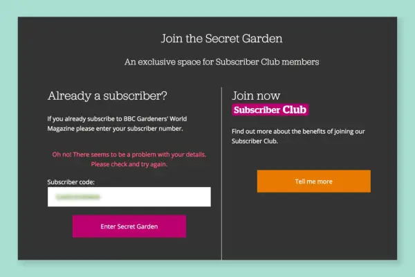 Secret Garden log-in screen showing an error message
