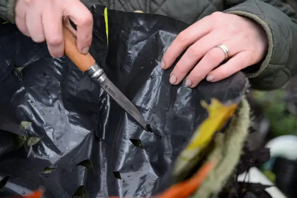 Cutting drainage holes in a piece of old compost bag to make a plastic hanging basket liner