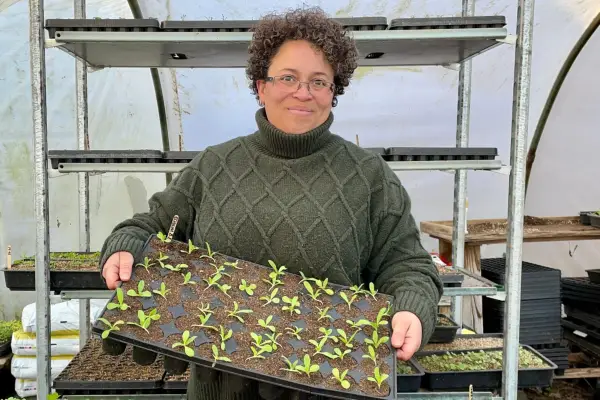 Cel Roberts is growing her seedlings in module trays