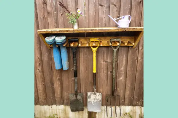 Wooden Outdoor Welly Rack, Garden Tool Storage Hanger and Shelf - Verdantvows