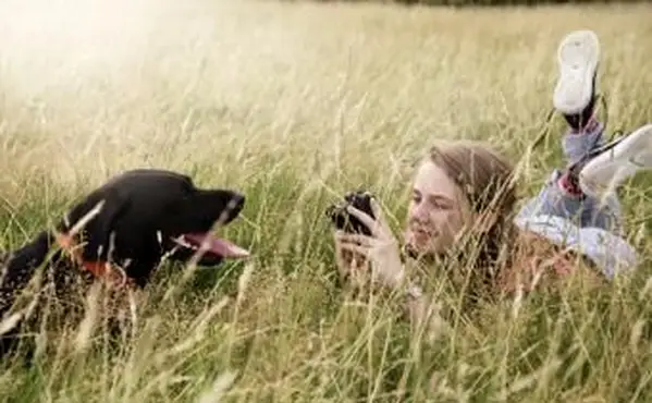 נער מצלם את כלב הלברדור רטריבר שלה בפארק