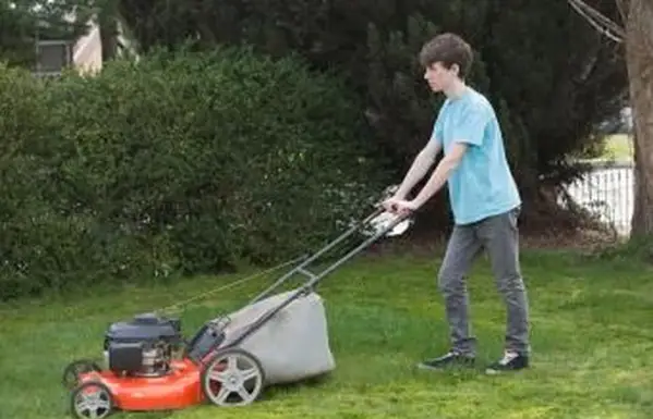 Teen Boy mäht Rasen