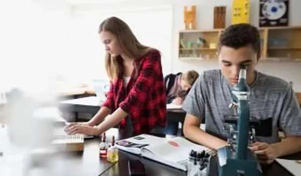 תלמידי תיכון שעושים שיעורי בית בכימיה