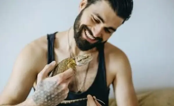 애완 동물 도마뱀을 들고 남자