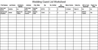 印刷可能な結婚式のゲストリストワークシート
