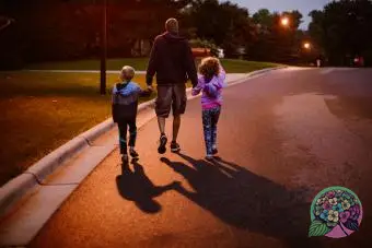 夜に子供たちと歩く父親